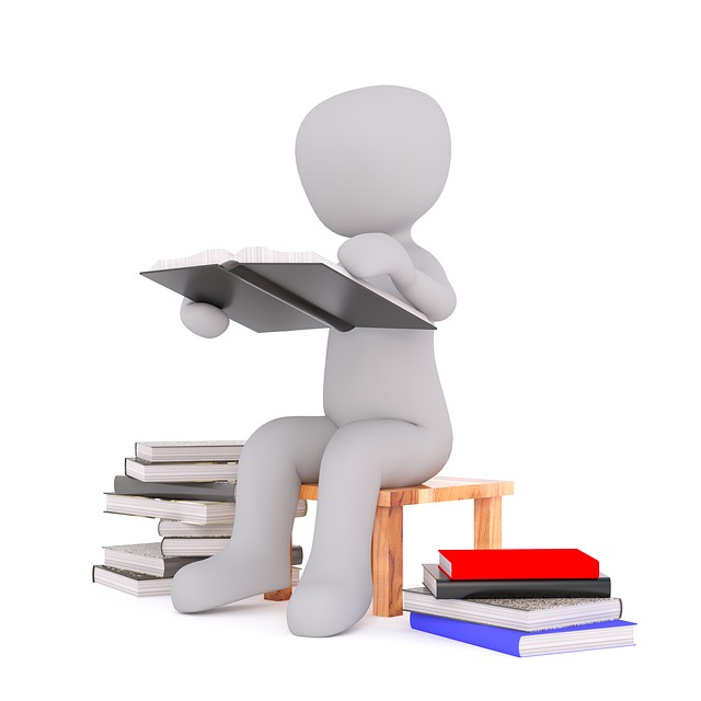 This is a graphic of a round character sitting on a bench reading books.